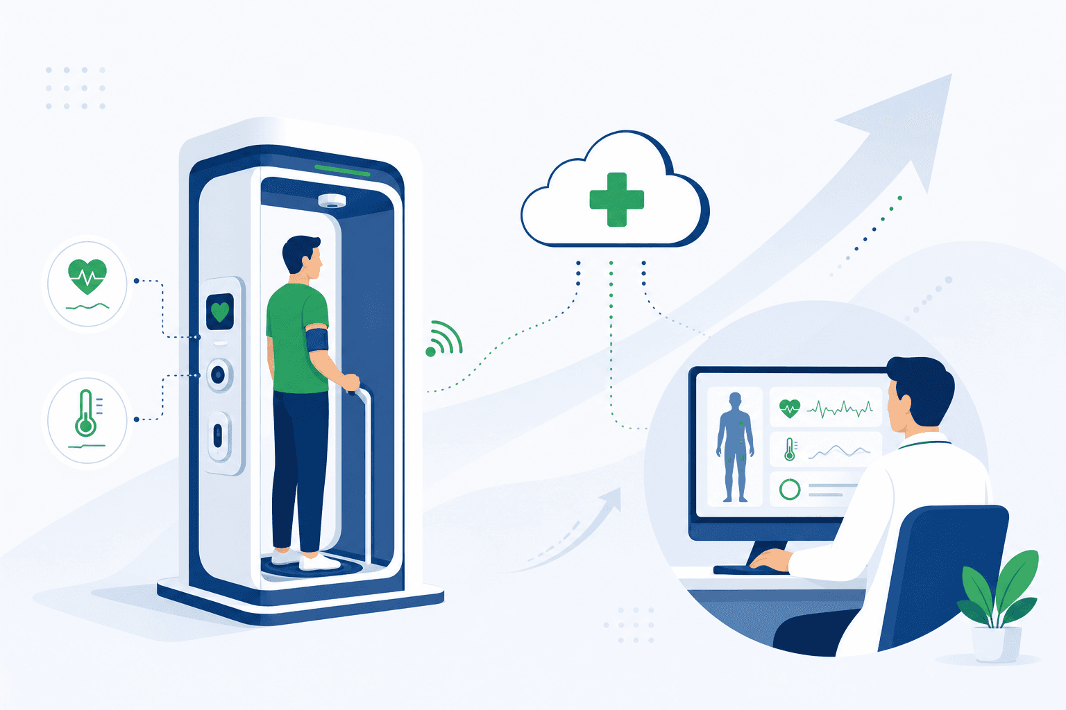 A person getting a health check inside a smart booth while a remote doctor reviews the vitals